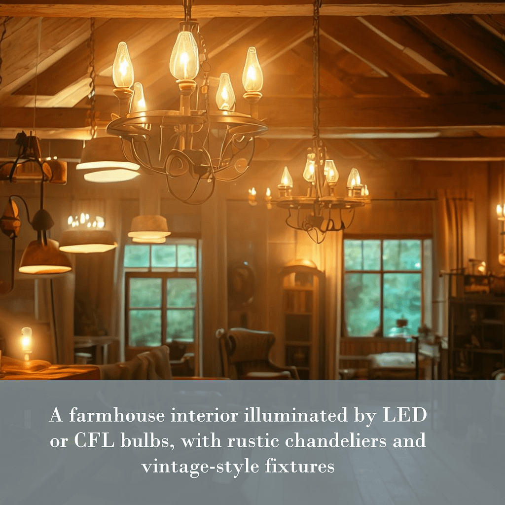 A farmhouse interior illuminated by LED or CFL bulbs, with rustic chandeliers and vintage-style fixtures