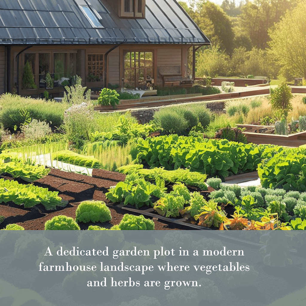 A dedicated garden plot in a modern farmhouse landscape where vegetables and herbs are grown.