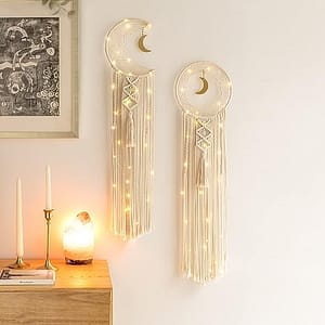 2 Pack Boho Handmade Macrame Dream Catchers with String Lights for Wall Decor