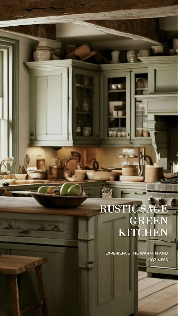 Rustic sage green kitchen with wooden countertop and brick walls