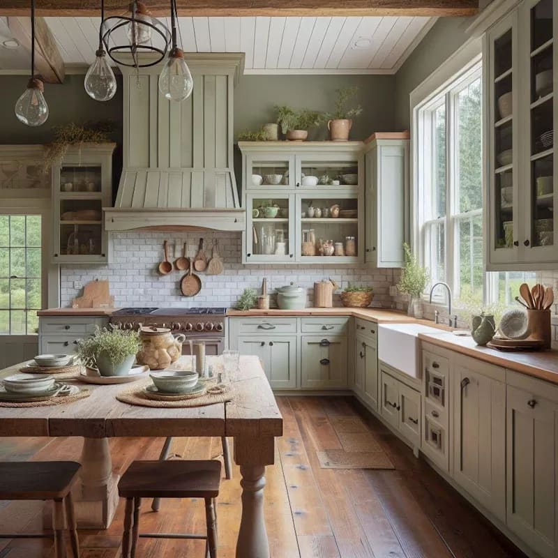 A rustic and cozy kitchen with sage green cabinets, a large wooden island, and a white countertop.