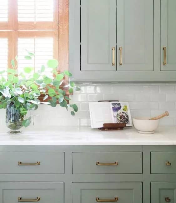 A kitchen with Clary Sage cabinets, which add a touch of elegance with their slightly gray undertones.