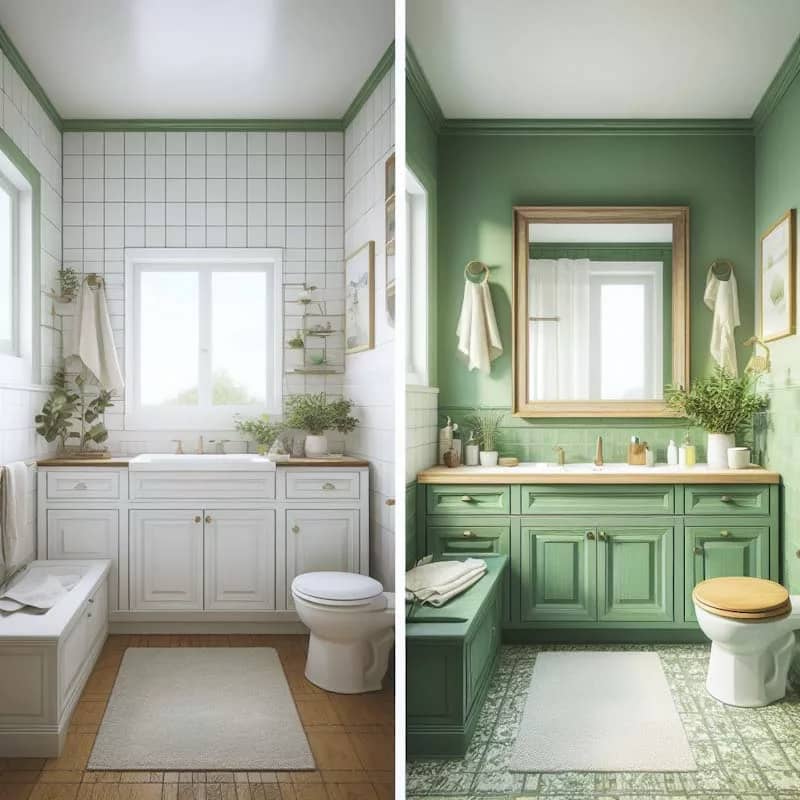 A before-and-after image of a bathroom with white cabinets and green walls, transformed into a bathroom with green cabinets and white walls