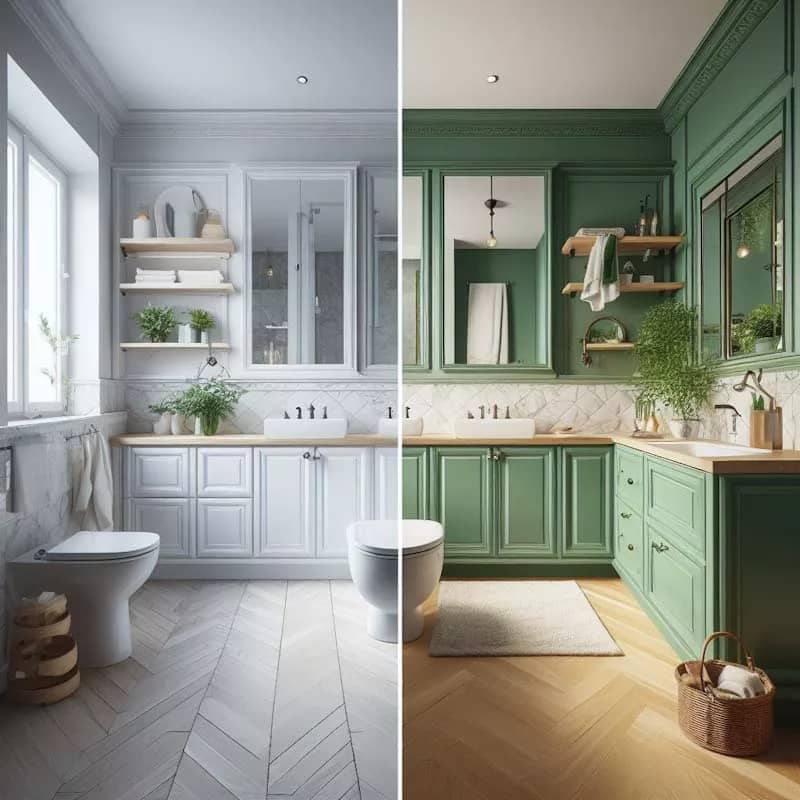 Before-and-after transformation of a bathroom with green cabinets.