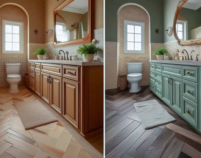 A before-and-after image of a bathroom with brown cabinets and beige walls, transformed into a bathroom with sage green cabinets and cream walls