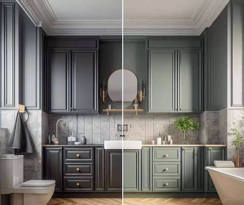 a bathroom with black cabinets and gray walls, transformed into a bathroom with gray-green cabinets and white walls