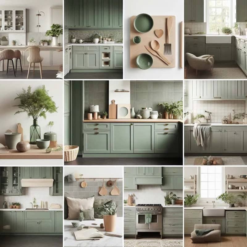 Sage green kitchen cabinets with natural materials