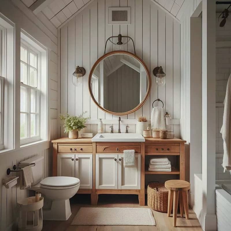farmhouse bathroom with white shiplap walls, a wooden vanity, and a round mirror