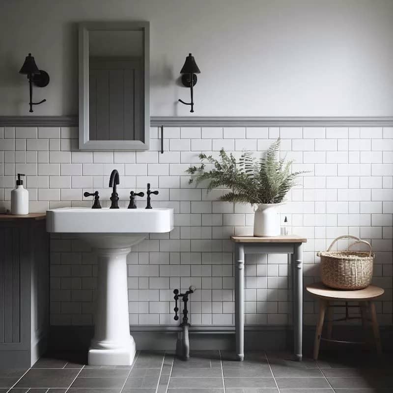 A modern and minimalist farmhouse bathroom with gray subway tiles, a white pedestal sink, and black fixtures