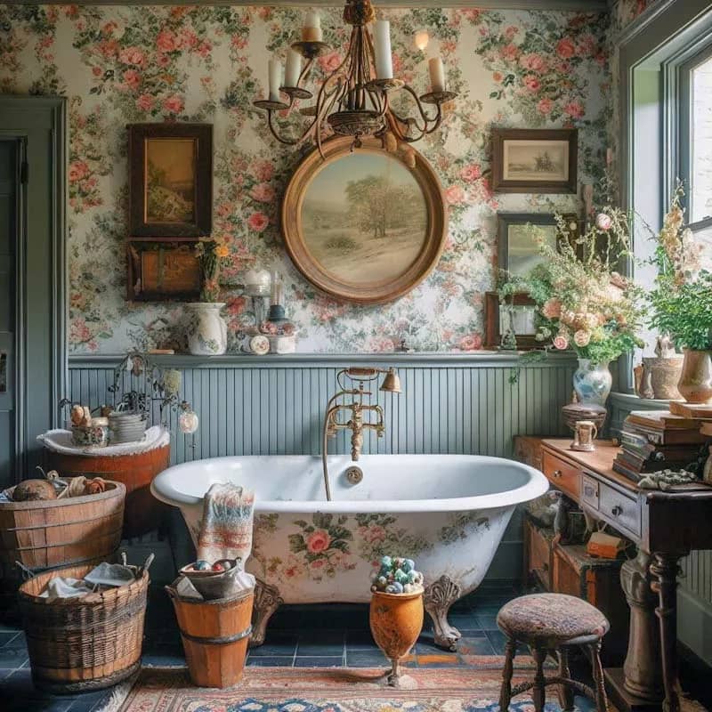 A vintage and eclectic farmhouse bathroom with floral wallpaper, a clawfoot tub, and antique accessories